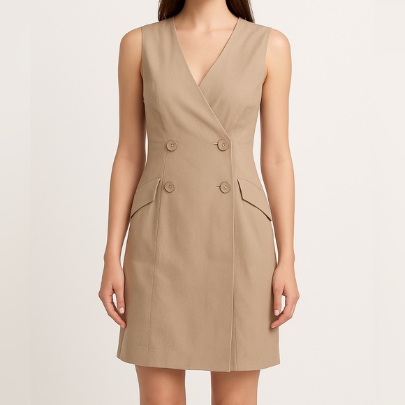 Max Studio Nordstrom Size L Tan Blazer Tuxedo Double-Breasted Sleeveless Dress - Picture 1 of 9